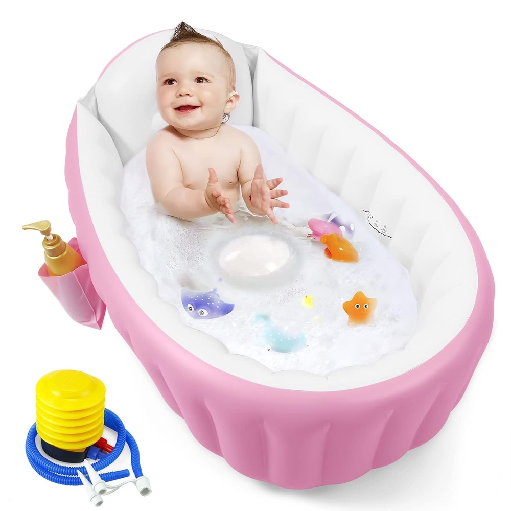 image:imagePandaEar Baby Inflatable Bathtub Portable Travel Baby Infant Bath Tub Toddler Bathtub with Air Pump Foldable NonSlip Shower Basin Mini Air Swimming Pool for Newborn BluePink