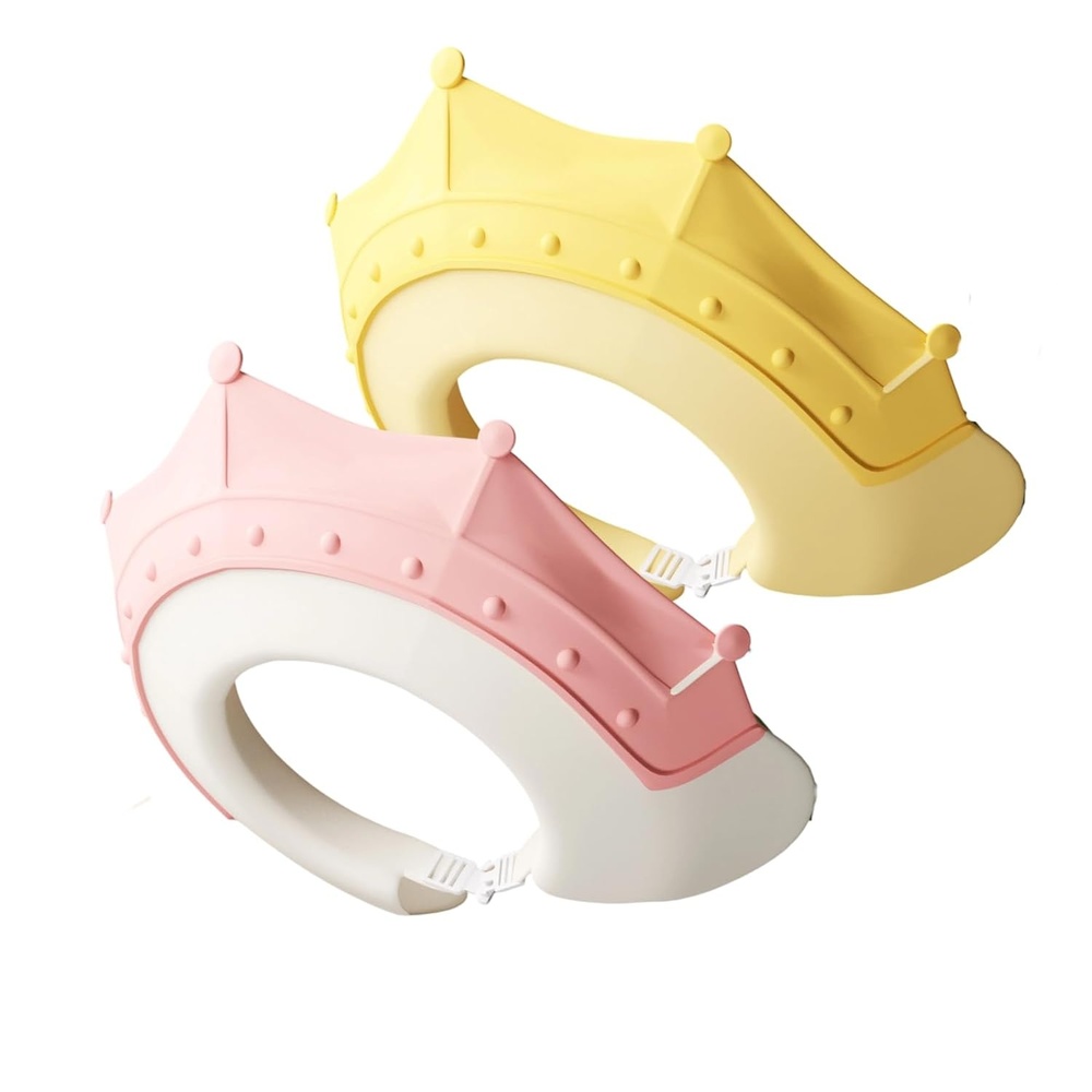 image:imagePandaEar Baby Shower Cap Hair Washing Hat 2 Pack Waterproof Adjustable Silicone Bath Hat for Eye and Ear Protection Cute Crown ShapePinkYellow