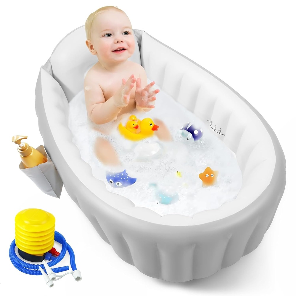 image:imagePandaEar Inflatable Baby Bathtub with Air Pump NonSlip Soft Cushion Bathing Tub for Toddlers amp Infants 036 Months Collapsible TravelFriendly Blow Up Pool with Side Pocket amp Backrest Gray