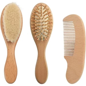 PandaEar Baby Hair Brush and Comb Set for Newborn| Natural Wooden Hairbrush with Soft Goat Bristles, Pear Wood Comb and Wooden Massage Brush for Infant, Toddler, Kids(Brown)