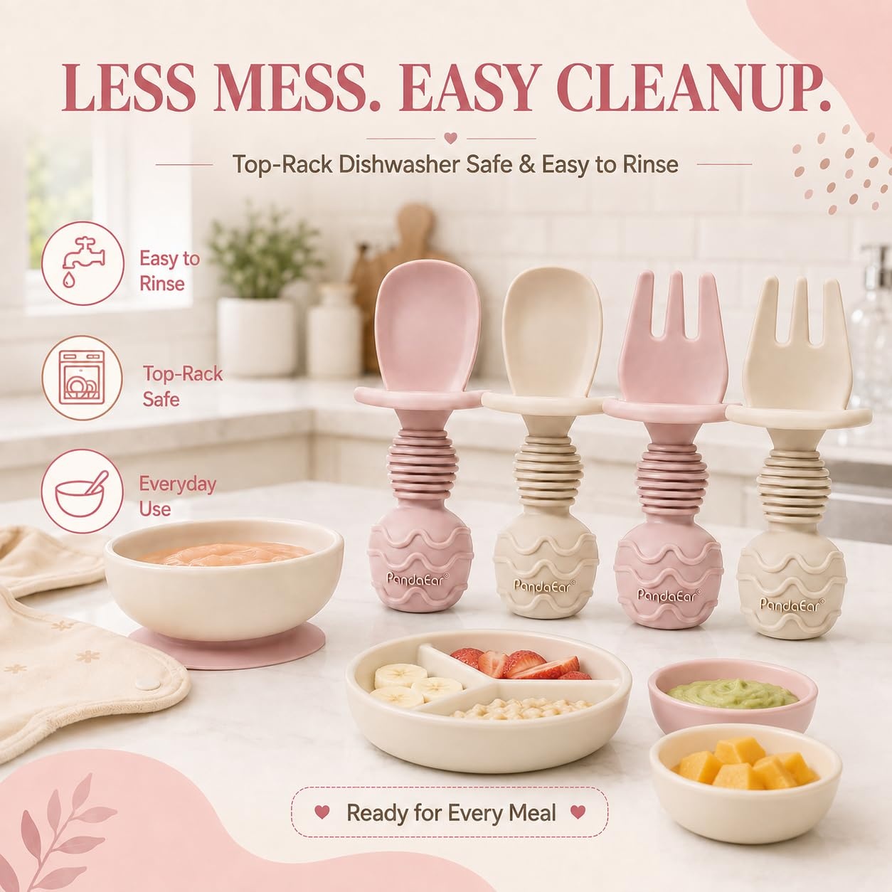 image:imagePandaEar 4 Pack Silicone Baby Led Weaning Spoon Fork First Training Self Feeding Utensils Set AntiChoke Silverware Eating Supplies for Toddler 6 Months Up Carnation GreyPink Blonde