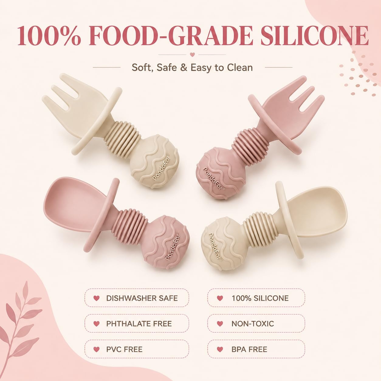 image:imagePandaEar 4 Pack Silicone Baby Led Weaning Spoon Fork First Training Self Feeding Utensils Set AntiChoke Silverware Eating Supplies for Toddler 6 Months Up Carnation GreyPink Blonde