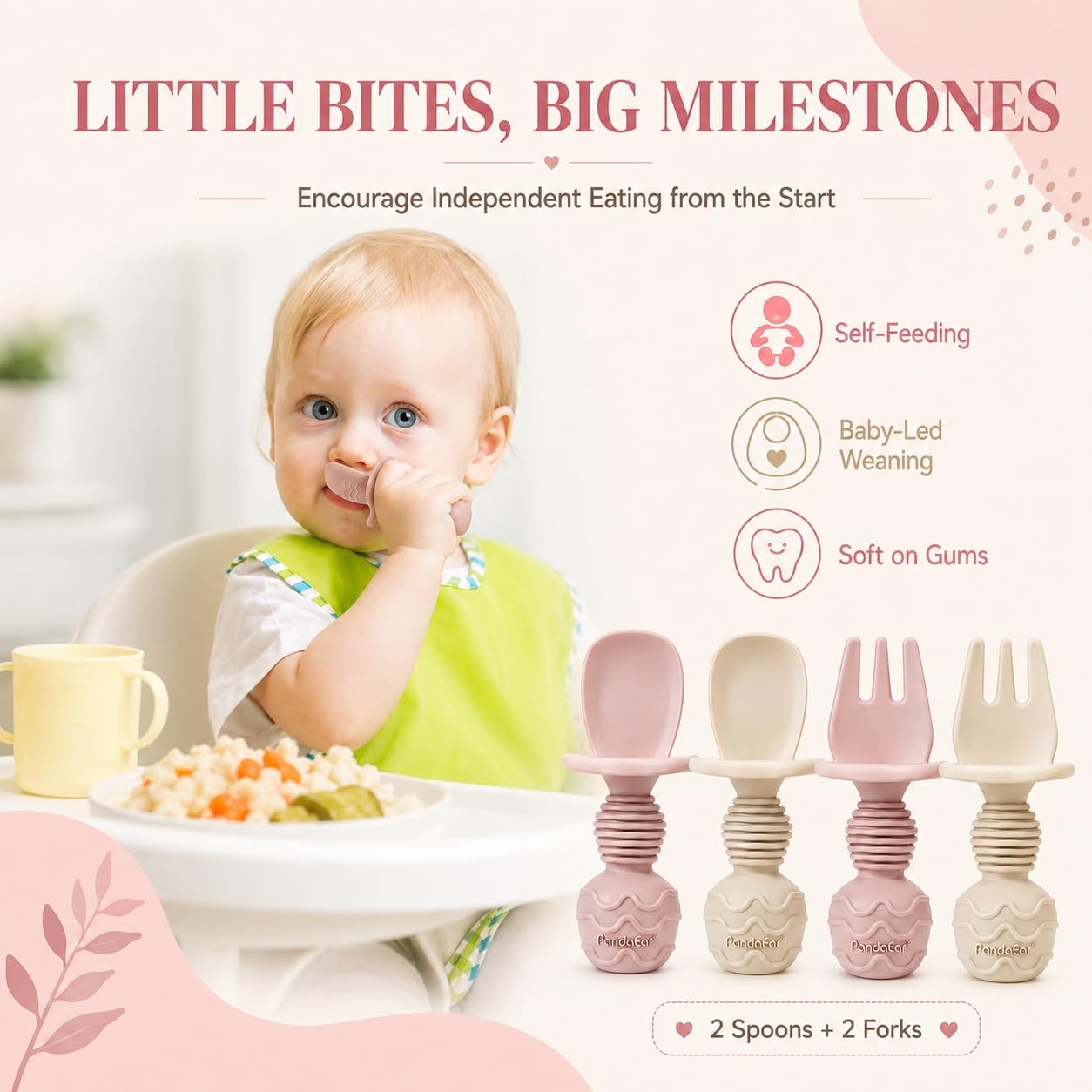 image:imagePandaEar 4 Pack Silicone Baby Led Weaning Spoon Fork First Training Self Feeding Utensils Set AntiChoke Silverware Eating Supplies for Toddler 6 Months Up Carnation GreyPink Blonde
