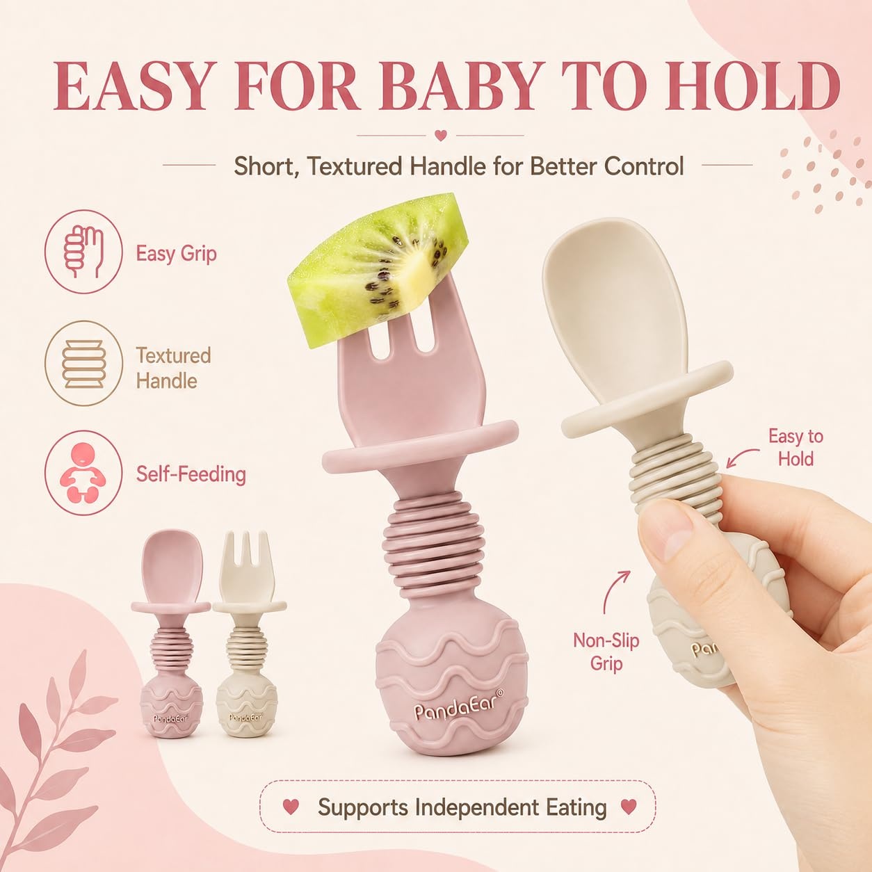 image:imagePandaEar 4 Pack Silicone Baby Led Weaning Spoon Fork First Training Self Feeding Utensils Set AntiChoke Silverware Eating Supplies for Toddler 6 Months Up Carnation GreyPink Blonde