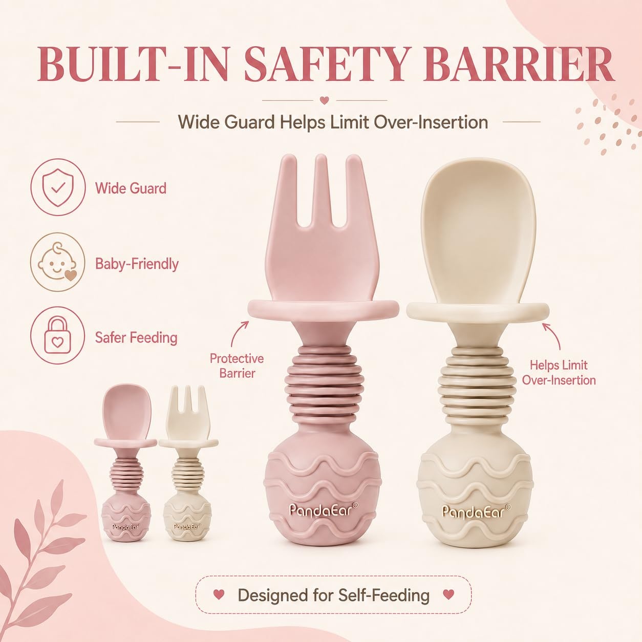 image:imagePandaEar 4 Pack Silicone Baby Led Weaning Spoon Fork First Training Self Feeding Utensils Set AntiChoke Silverware Eating Supplies for Toddler 6 Months Up Carnation GreyPink Blonde