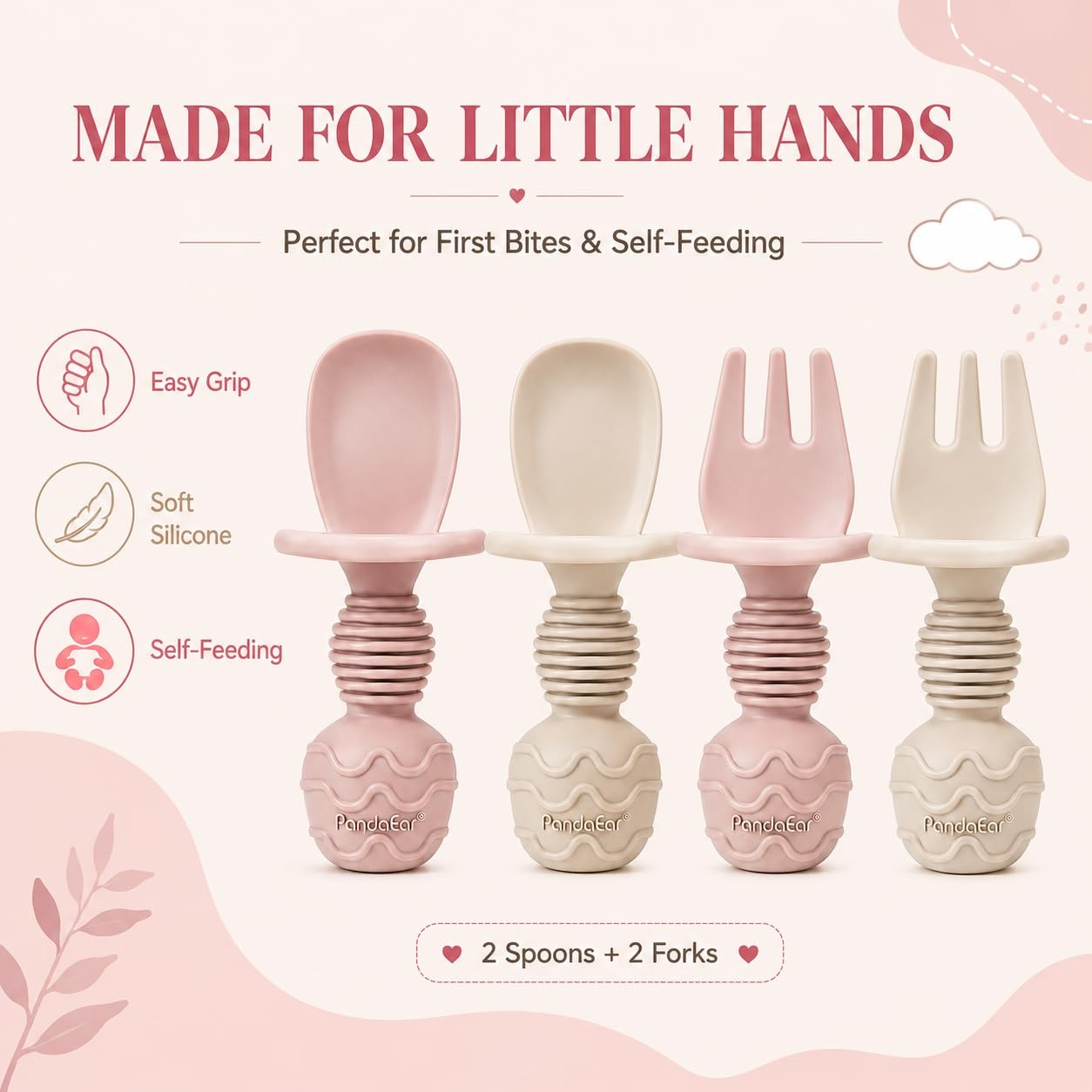 image:imagePandaEar 4 Pack Silicone Baby Led Weaning Spoon Fork First Training Self Feeding Utensils Set AntiChoke Silverware Eating Supplies for Toddler 6 Months Up Carnation GreyPink Blonde