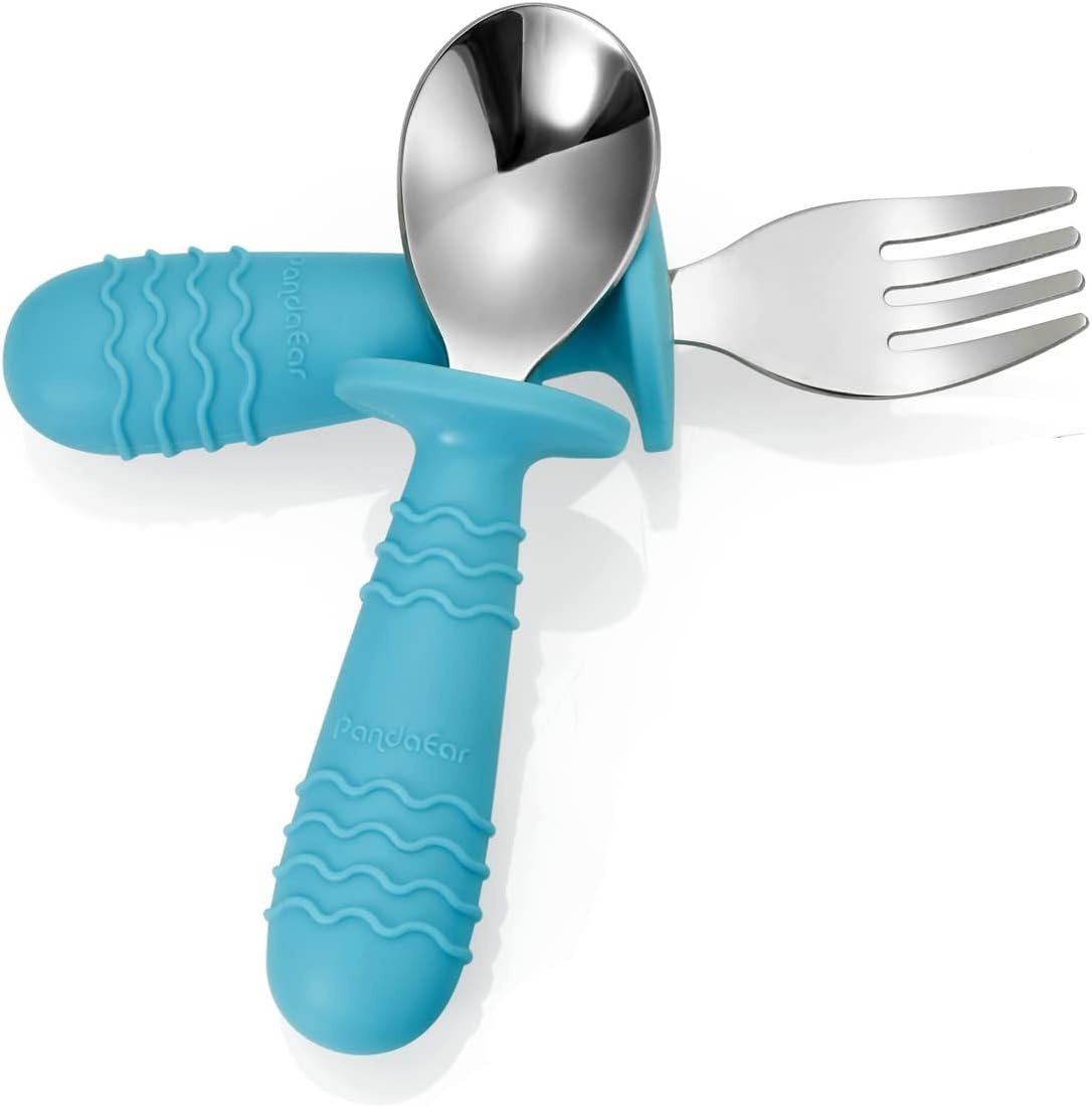image:imagePandaEar 4 Set Baby Toddler Silicone Stainless Steel Utensils Silverware Spoon Fork for Baby Toddler BPA Free with Silicone Holding AntiChoke Design PinkampGreyBlueGrey