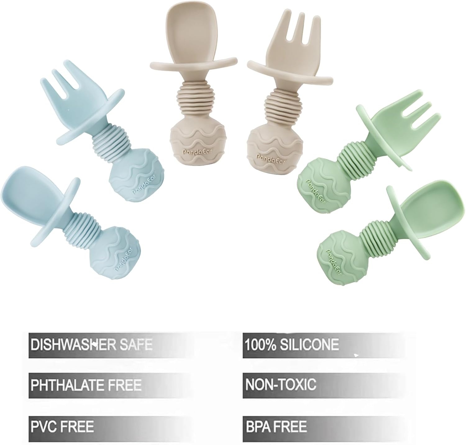 image:imagePandaEar 6 Pack Silicone Baby Spoons and Forks Self Feeding Utensils SetBlue GreenTan
