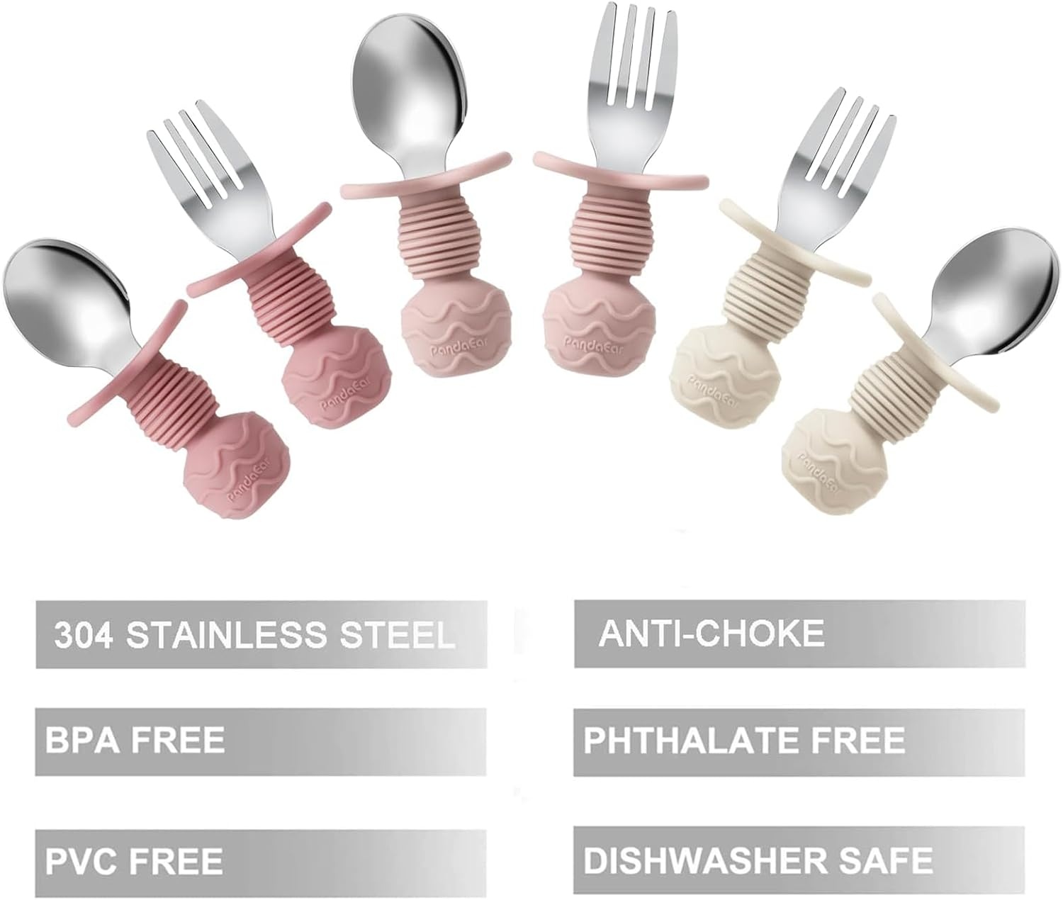 image:imagePandaEar 6 Pack Stainless Steel Toddler Spoons and Fork Feeding Set AntiChoke First Self Feeding Utensils for Kids Baby Boys Led Weaning Ages 18 Months BlueGreyPeachPinkBeige