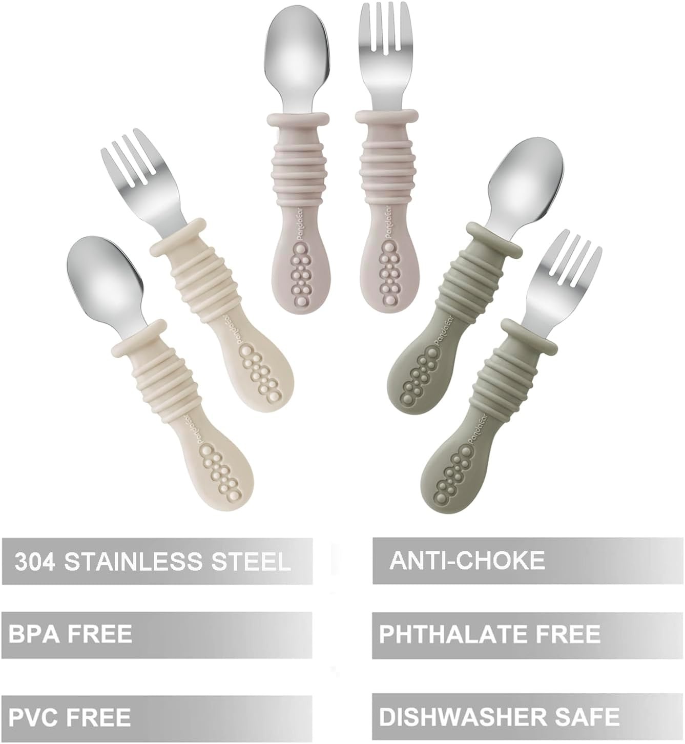 image:imagePandaEar 6 Pack Toddler Fork and Spoon Utensil Set Baby Silicone Stainless Steel Silverware Spoon Fork for Babies Kids BPA Free WalnutampLinenampBrown