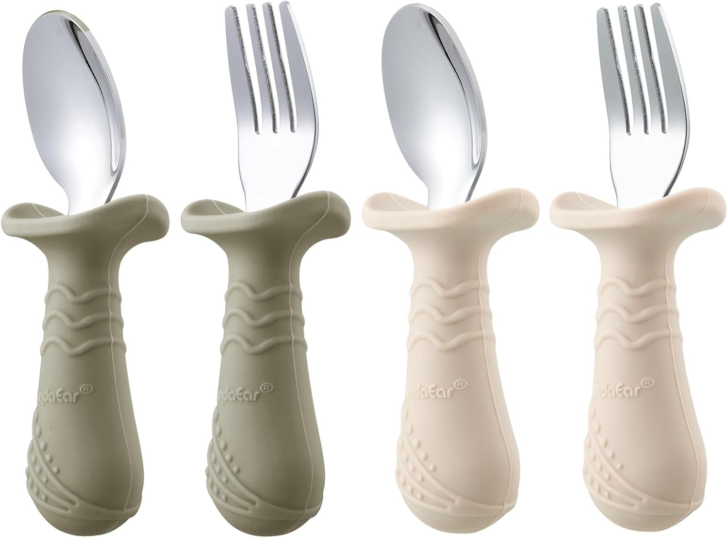 image:imagePandaEar Baby Toddler Fork and Spoon Utensil Set 6 Pack Silicone Stainless Steel Silverware Spoon Fork for Babies Toddler BPA Free with Silicone Holding AntiChoke Design Green Blue BrownLight TanWalnutGrey