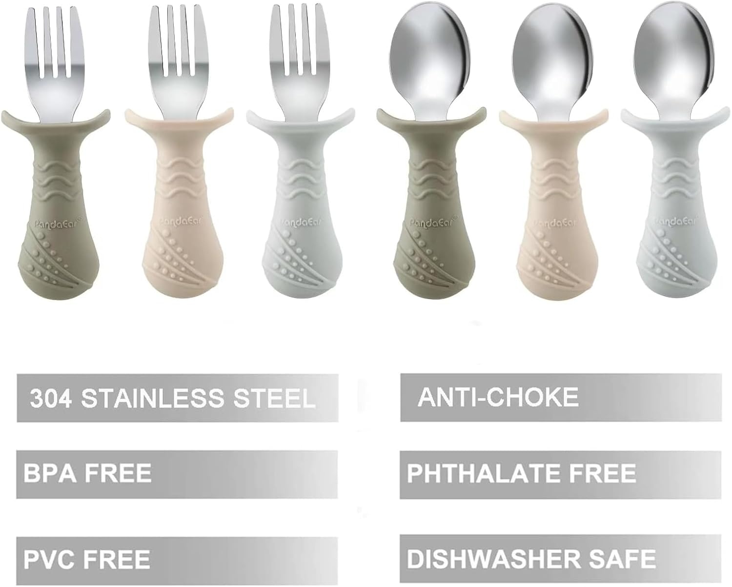 image:imagePandaEar Baby Toddler Fork and Spoon Utensil Set 6 Pack Silicone Stainless Steel Silverware Spoon Fork for Babies Toddler BPA Free with Silicone Holding AntiChoke Design Green Blue BrownLight TanWalnutGrey