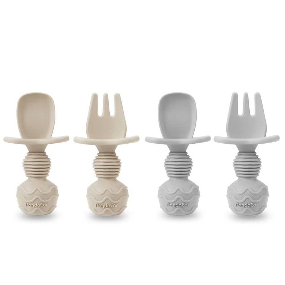 image:imagePandaEar 4 Pack Silicone Baby Led Weaning Spoon Fork First Training Self Feeding Utensils Set AntiChoke Silverware Eating Supplies for Toddler 6 Months Up Carnation GreyCarnation Grey