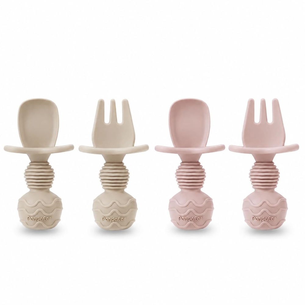 image:imagePandaEar 4 Pack Silicone Baby Led Weaning Spoon Fork First Training Self Feeding Utensils Set AntiChoke Silverware Eating Supplies for Toddler 6 Months Up Carnation GreyPink Blonde