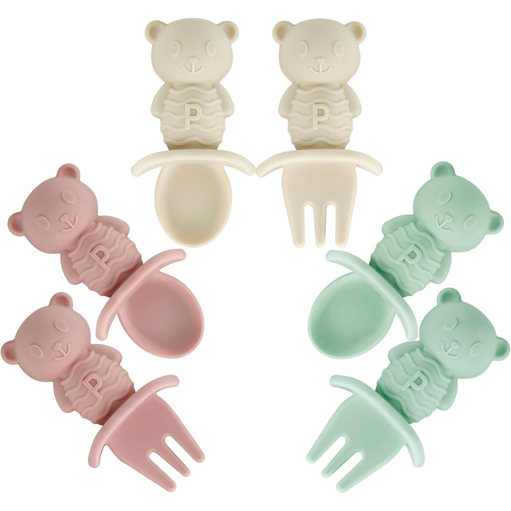 image:imagePandaEar 6 Pack Baby Led Weaning Spoons Forks 6 Months Silicone Baby Spoons and Fork Self Feeding Utensils Toddler Infant AntiChoke Feeding Utensils Bear Shape Pink Green LinenPink Green Linen
