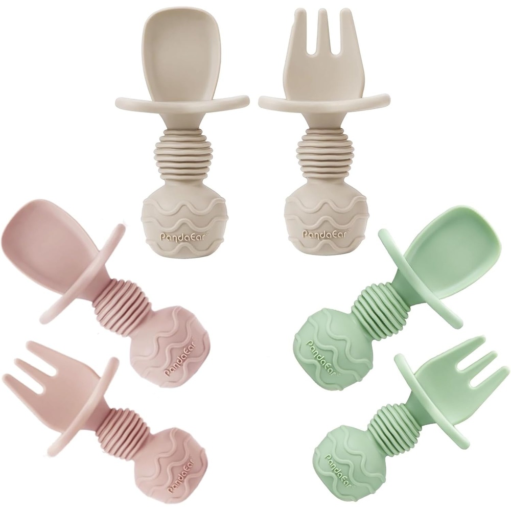 image:imagePandaEar 6 Pack Silicone Baby Spoons and Forks Self Feeding Utensils SetPink GreenLinen