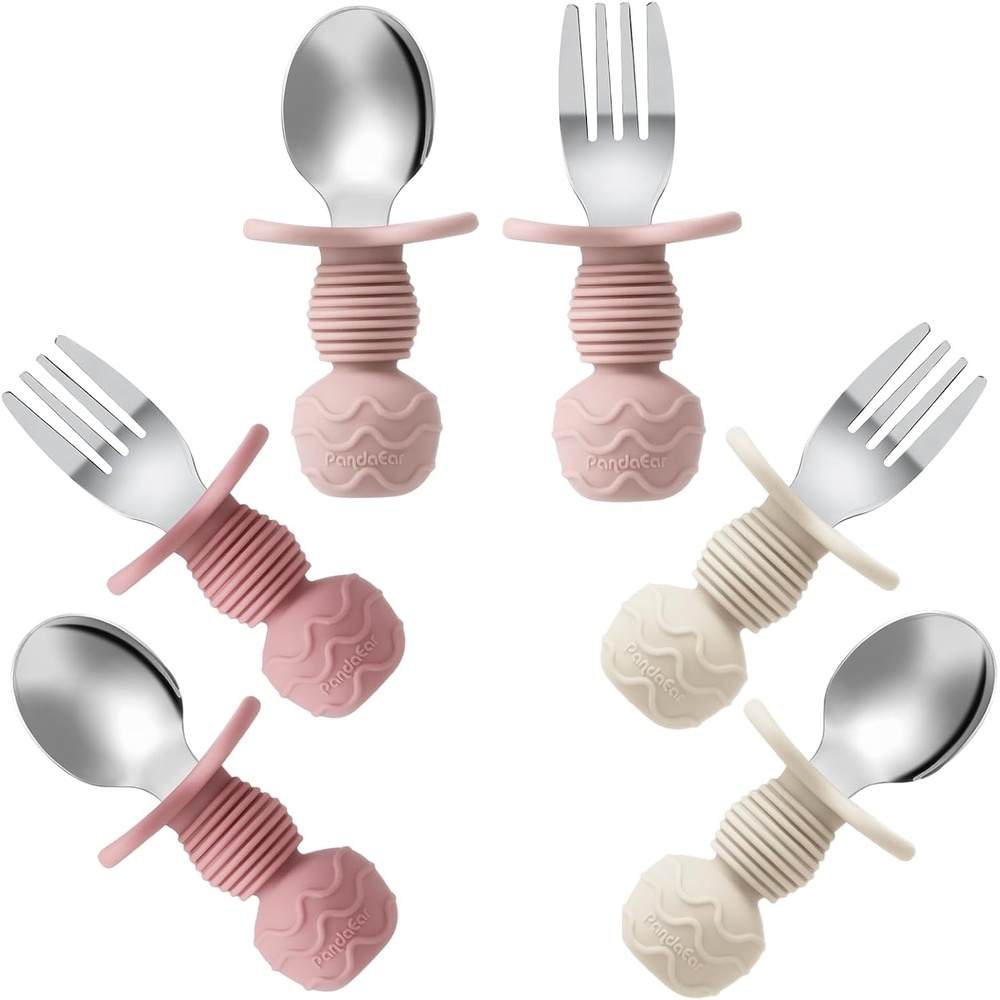 image:imagePandaEar 6 Pack Stainless Steel Toddler Spoons and Fork Feeding Set AntiChoke First Self Feeding Utensils for Kids Baby Boys Led Weaning Ages 18 Months BlueGreyPeachPinkBeige