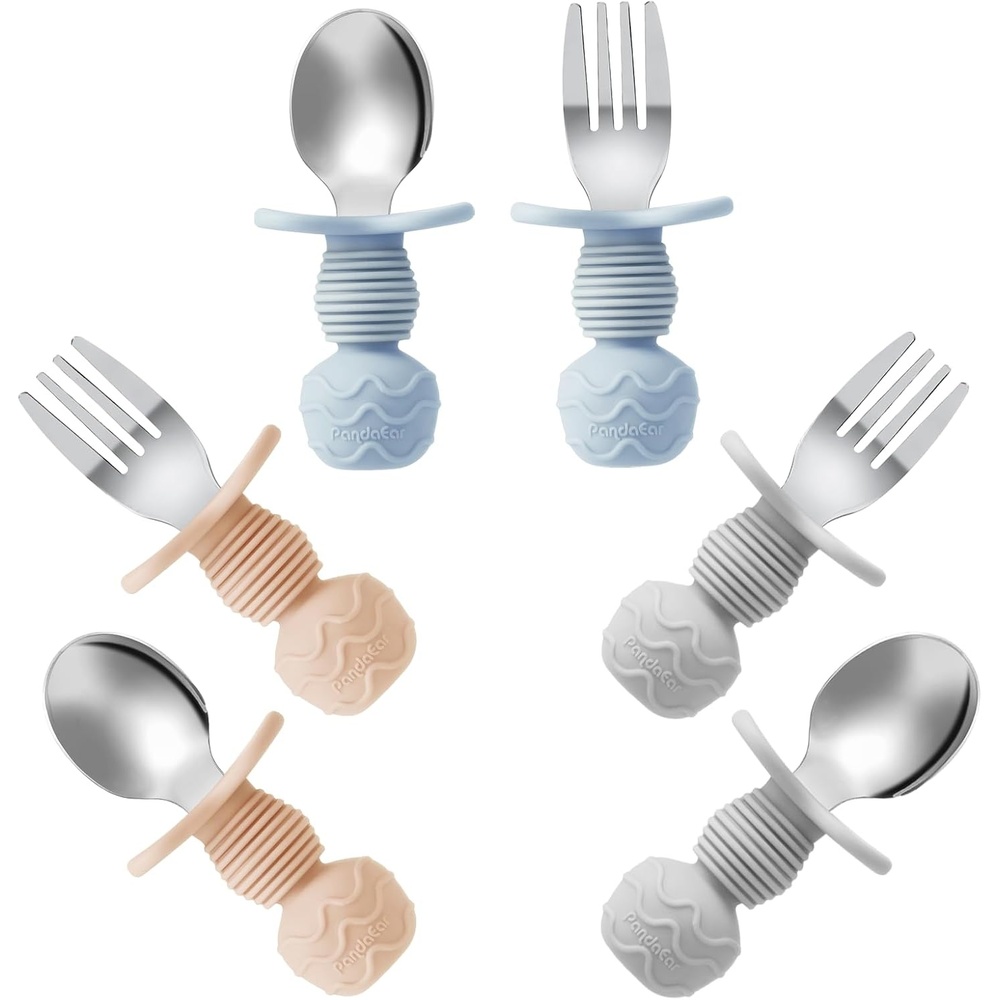 image:imagePandaEar 6 Pack Stainless Steel Toddler Spoons and Fork Feeding Set AntiChoke First Self Feeding Utensils for Kids Baby Boys Led Weaning Ages 18 Months BlueGreyPeachBlueGreyPeach