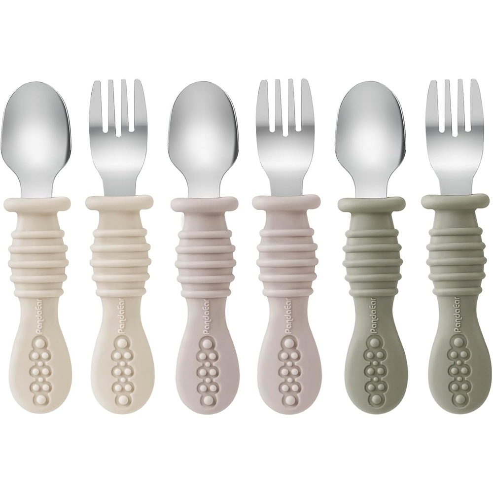 image:imagePandaEar 6 Pack Toddler Fork and Spoon Utensil Set Baby Silicone Stainless Steel Silverware Spoon Fork for Babies Kids BPA Free WalnutampLinenampBrown