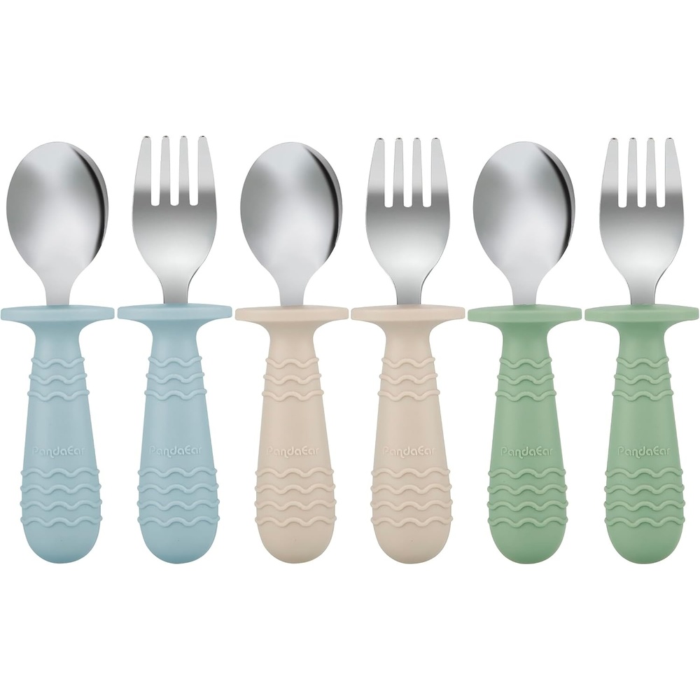 image:imagePandaEar 6 Pieces Baby Toddler Silicone Stainless Steel Utensils Silverware Spoon Fork for Baby Toddler BPA Free with Silicone Holding AntiChoke Design Blue Pink WhiteBlue Green Brown