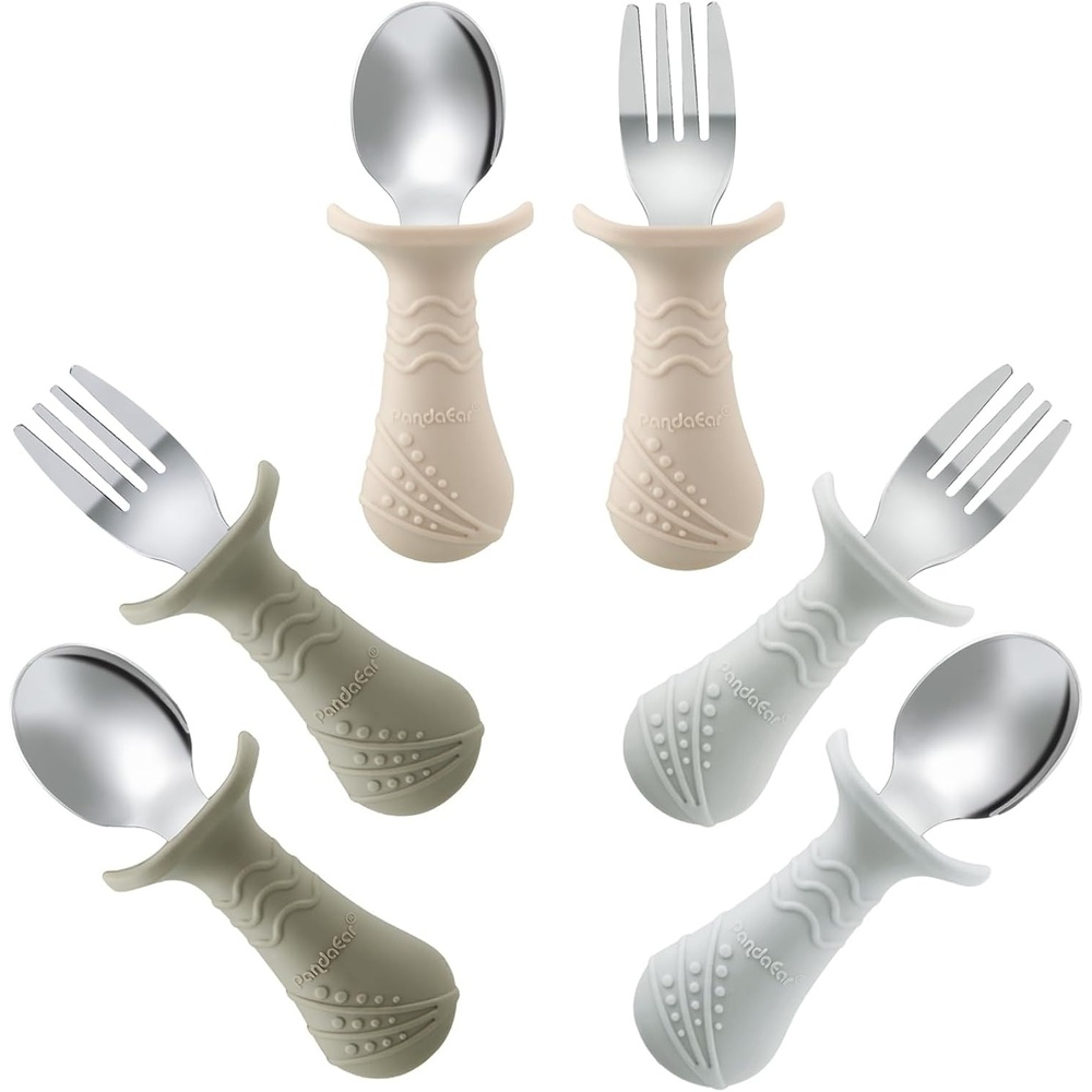 image:imagePandaEar Baby Toddler Fork and Spoon Utensil Set 6 Pack Silicone Stainless Steel Silverware Spoon Fork for Babies Toddler BPA Free with Silicone Holding AntiChoke Design Green Blue BrownLight TanWalnutGrey