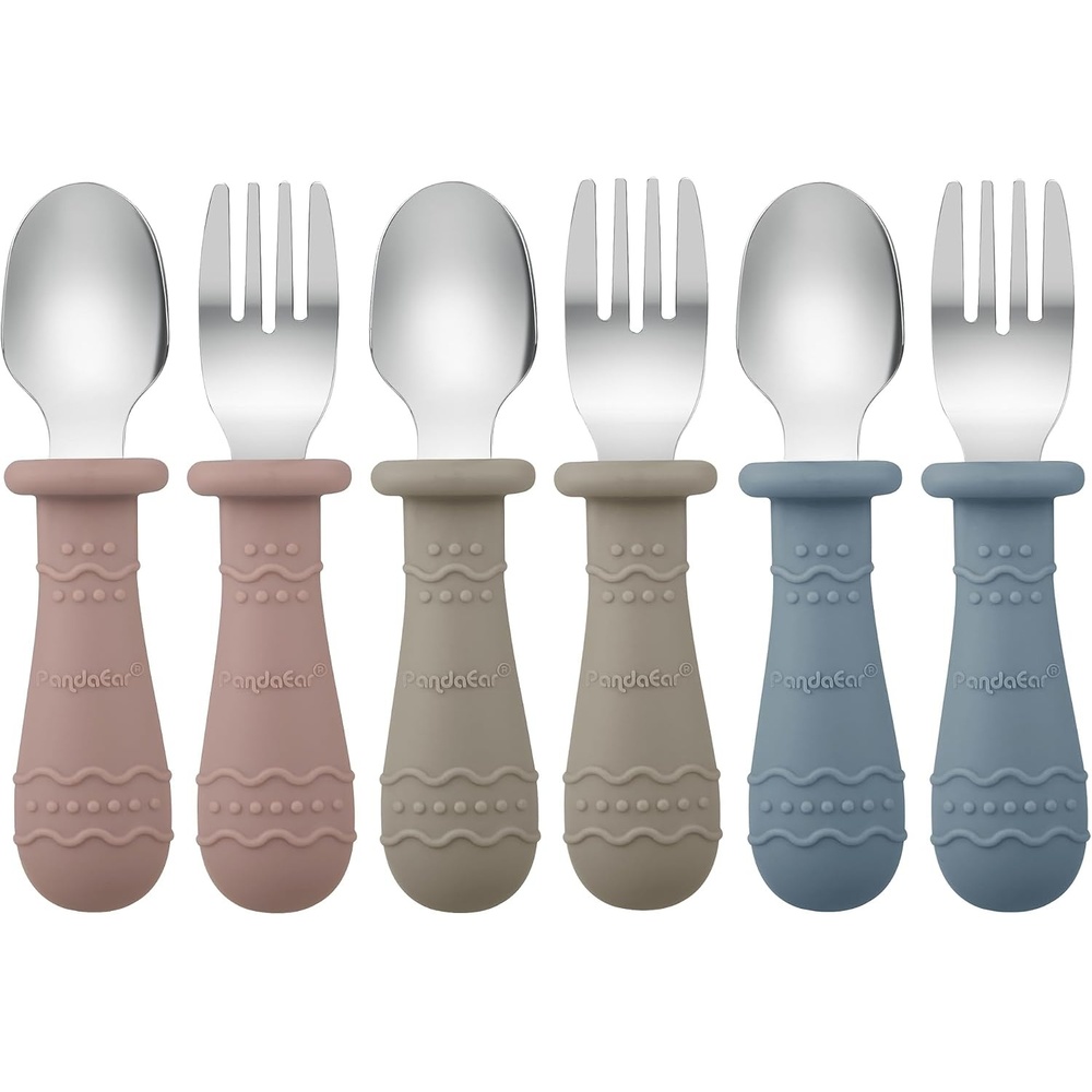 image:imagePandaEar Toddler Utensils 6 Pack Kids Spoons and Forks 188 Stainless Steel amp Food Grade Silicone Children Silverware Set Dishwasher Safe Light TanWalnutBlueBlueBrownRed