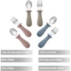 PandaEar Toddler Utensils, 6 Pack Kids Spoons and Forks, 18/8 Stainless Steel & Food Grade Silicone Children Silverware Set, Dishwasher Safe (Light Tan/Walnut/Blue)(Blue/Brown/Red)