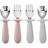 PandaEar 4 Set Baby Toddler Silicone Stainless Steel Utensils Silverware Spoon Fork for Baby Toddler BPA Free with Silicone Holding Anti-Choke Design (Pink&Grey)(Pink&Grey)