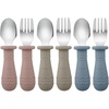 PandaEar Toddler Utensils, 6 Pack Kids Spoons and Forks, 18/8 Stainless Steel & Food Grade Silicone Children Silverware Set, Dishwasher Safe (Light Tan/Walnut/Blue)(Blue/Brown/Red)
