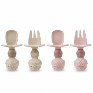 PandaEar (4 Pack) Silicone Baby Led Weaning Spoon Fork| First Training Self Feeding Utensils Set| Anti-Choke Silverware Eating Supplies for Toddler 6 Months Up (Carnation Grey)(Pink Blonde)