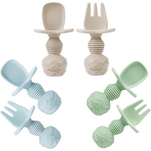 PandaEar 6 Pack Silicone Baby Spoons and Forks, Self Feeding Utensils Set(Blue  Green&Tan)