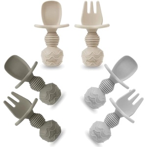 PandaEar 6 Pack Silicone Baby Spoons and Forks, Self Feeding Utensils Set(Tan Walnut&Grey)