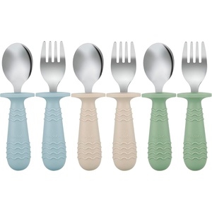 PandaEar 6 Pieces Baby Toddler Silicone Stainless Steel Utensils Silverware Spoon Fork for Baby Toddler BPA Free with Silicone Holding Anti-Choke Design (Blue Pink White)(Blue Green Brown)