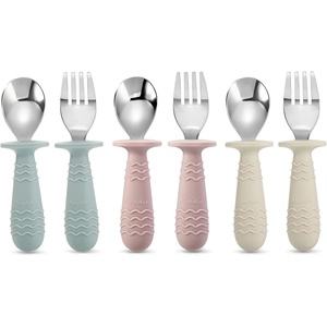PandaEar 6 Pieces Baby Toddler Silicone Stainless Steel Utensils Silverware Spoon Fork for Baby Toddler BPA Free with Silicone Holding Anti-Choke Design (Blue Pink White)(Blue Pink White)