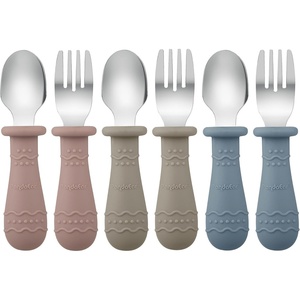 PandaEar Toddler Utensils, 6 Pack Kids Spoons and Forks, 18/8 Stainless Steel & Food Grade Silicone Children Silverware Set, Dishwasher Safe (Light Tan/Walnut/Blue)(Blue/Brown/Red)
