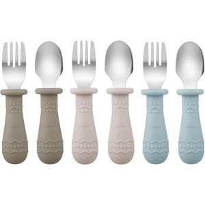 PandaEar Toddler Utensils, 6 Pack Kids Spoons and Forks, 18/8 Stainless Steel & Food Grade Silicone Children Silverware Set, Dishwasher Safe (Light Tan/Walnut/Blue)(Light Tan/Walnut/Blue)