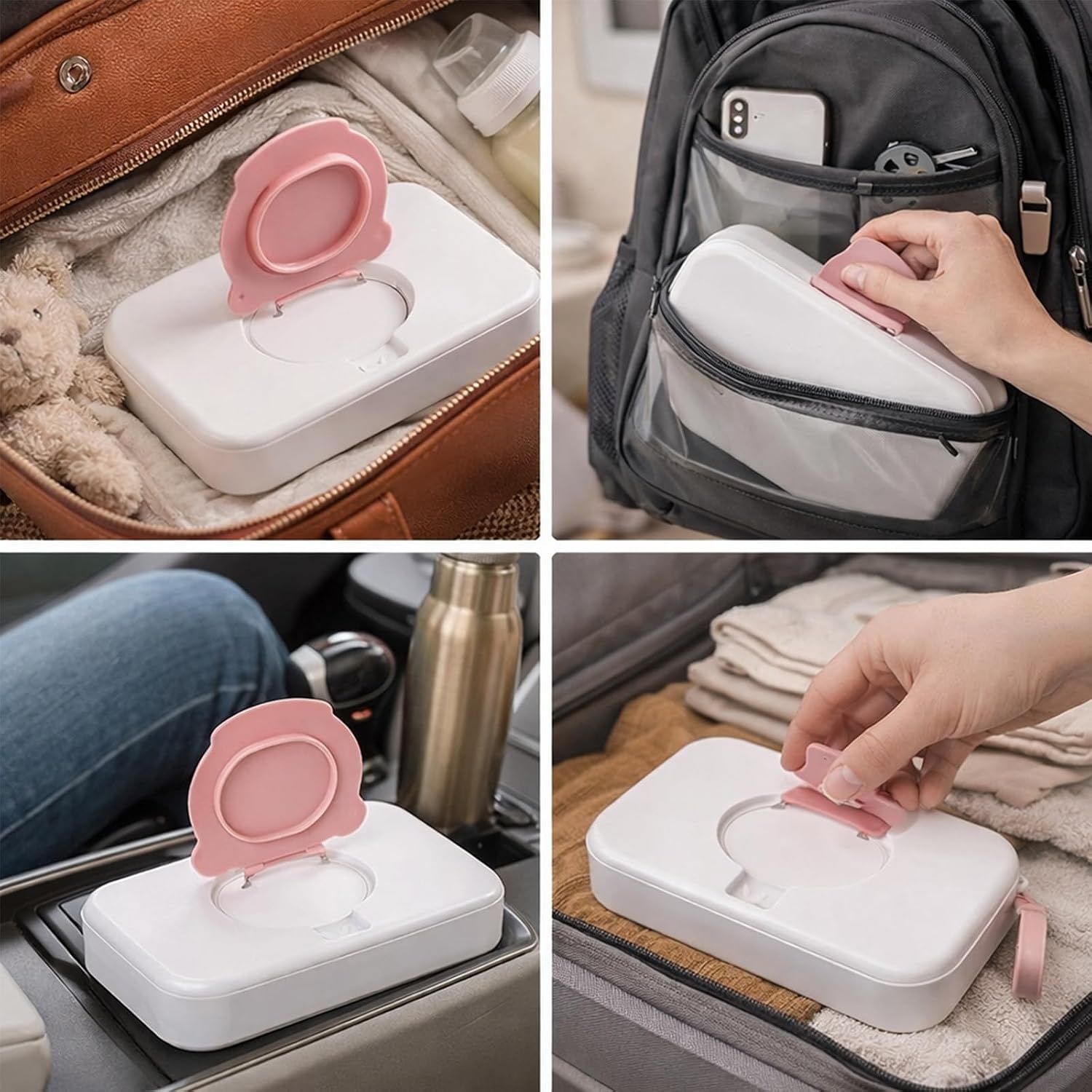 image:imagePandaEar 2 Pack Portable Baby Wipes Dispenser Refillable Wet Wipe Case with Secure Lid and Carrying Strap for Travel Diaper Bag Car and Nursery Bear PinkGreen
