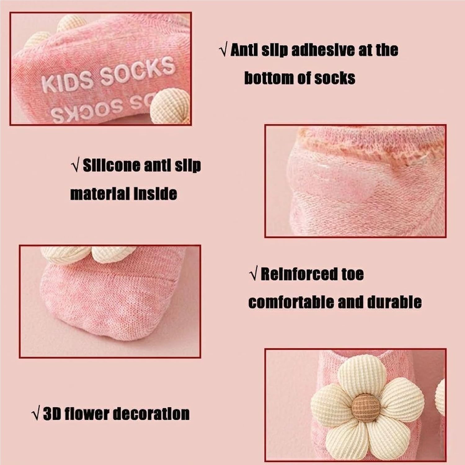 image:imagePandaEar 2 Pairs Baby Girl Flower Grip Socks NonSlip Floor Socks 012M