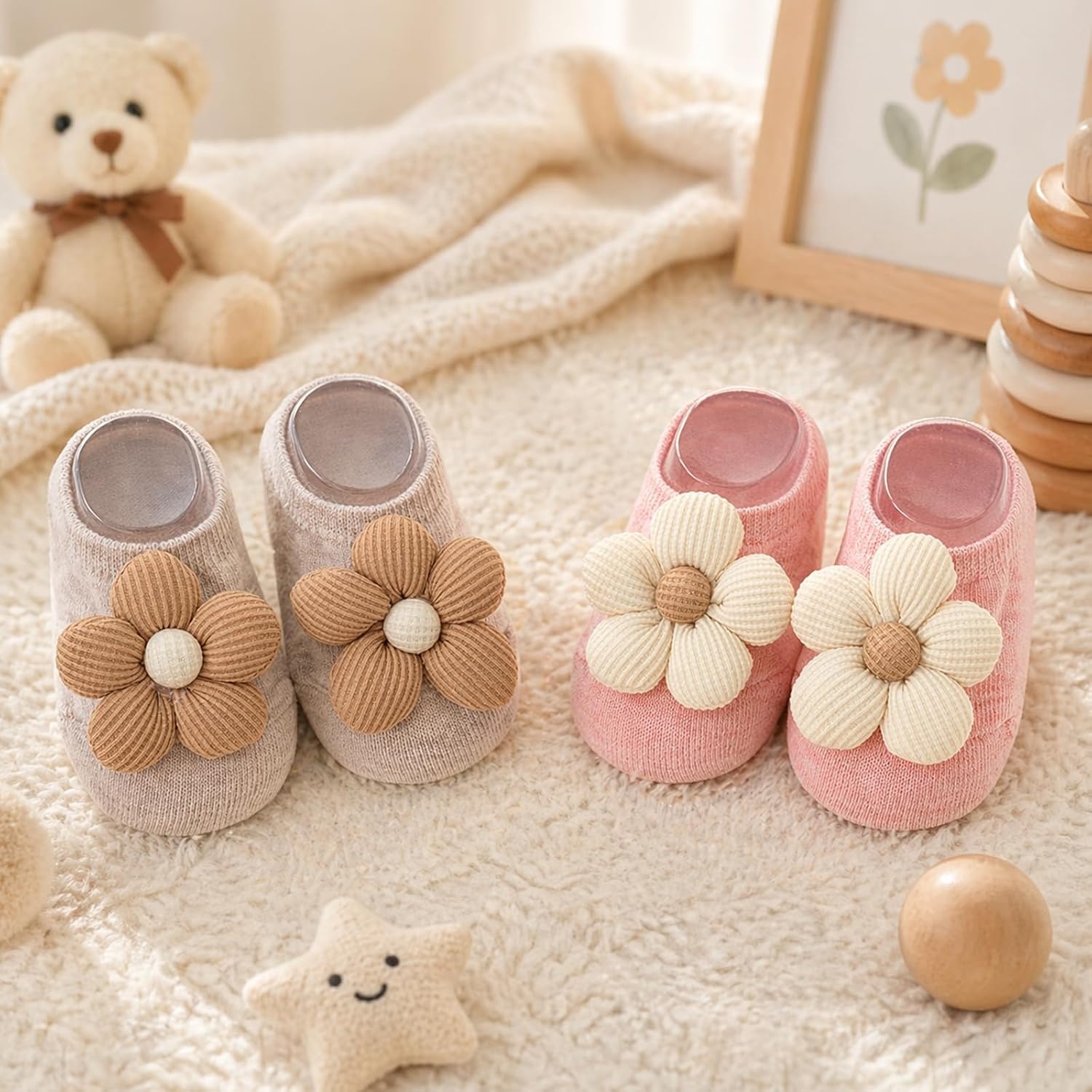 image:imagePandaEar 2 Pairs Baby Girl Flower Grip Socks NonSlip Floor Socks 012M