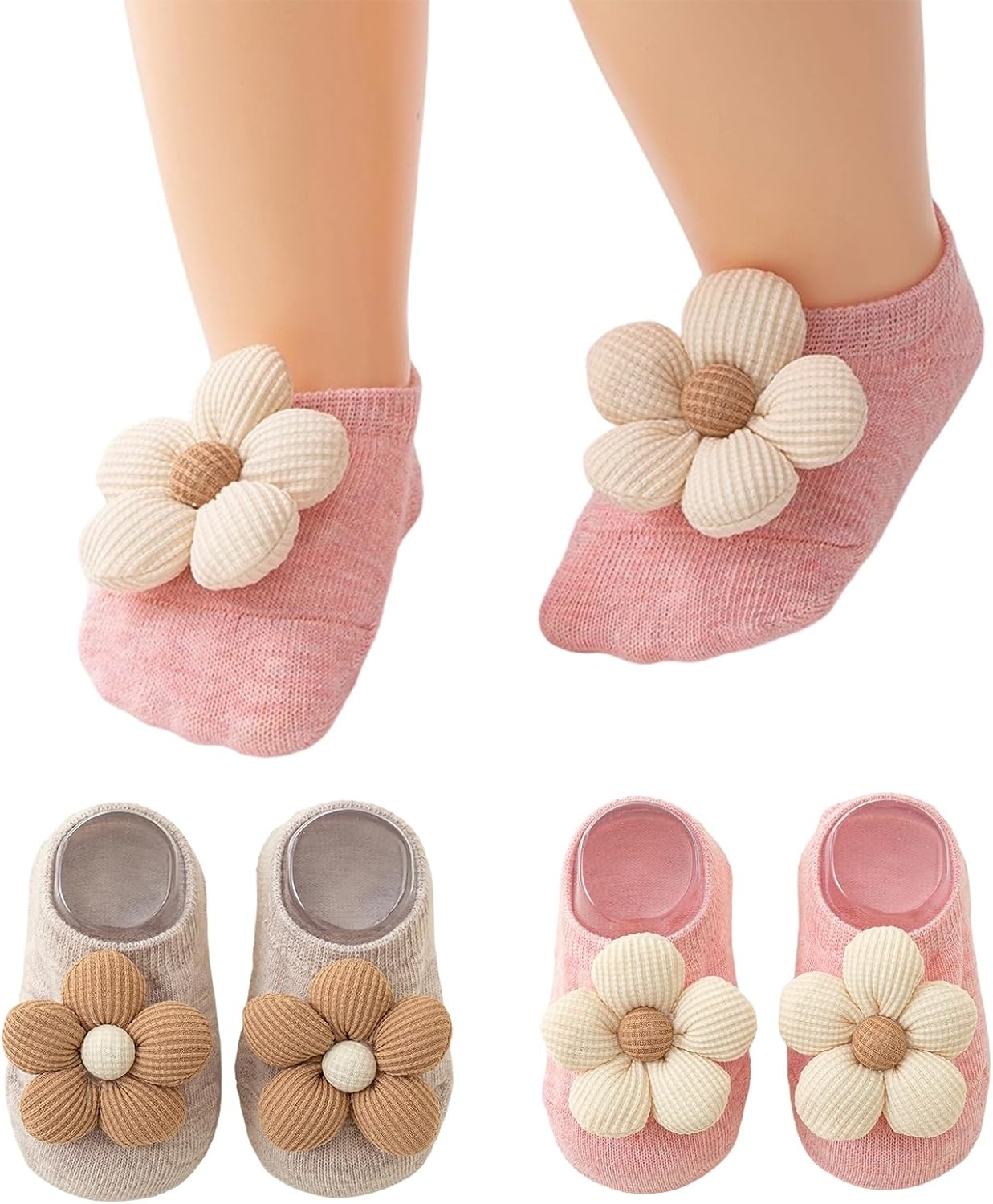 image:imagePandaEar 2 Pairs Baby Girl Flower Grip Socks NonSlip Floor Socks 012M