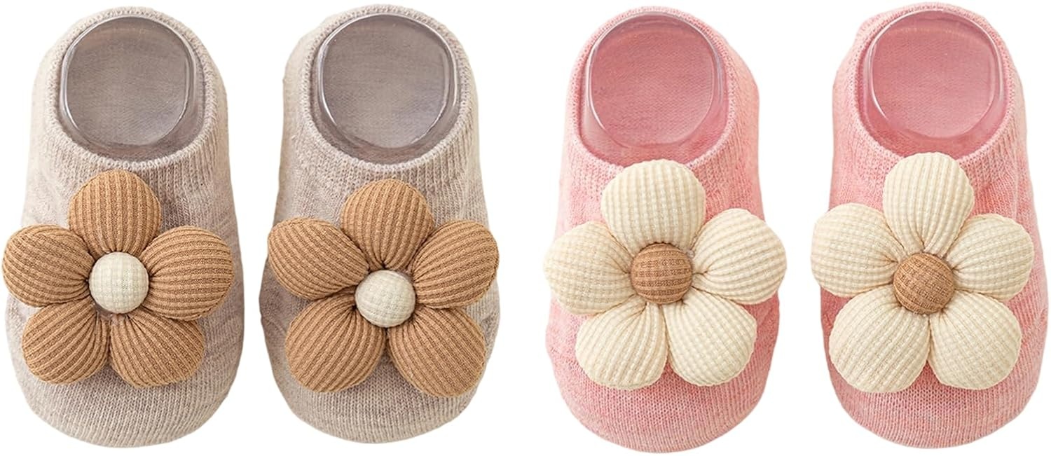 image:imagePandaEar 2 Pairs Baby Girl Flower Grip Socks NonSlip Floor Socks 012M