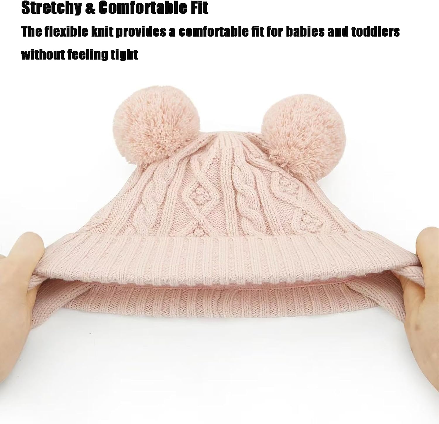 image:imagePandaEar Baby Winter Knit Hat with Earflaps and Pom Poms Fleece Lined Beanie for Infant Toddler Girls BoysLight Pink