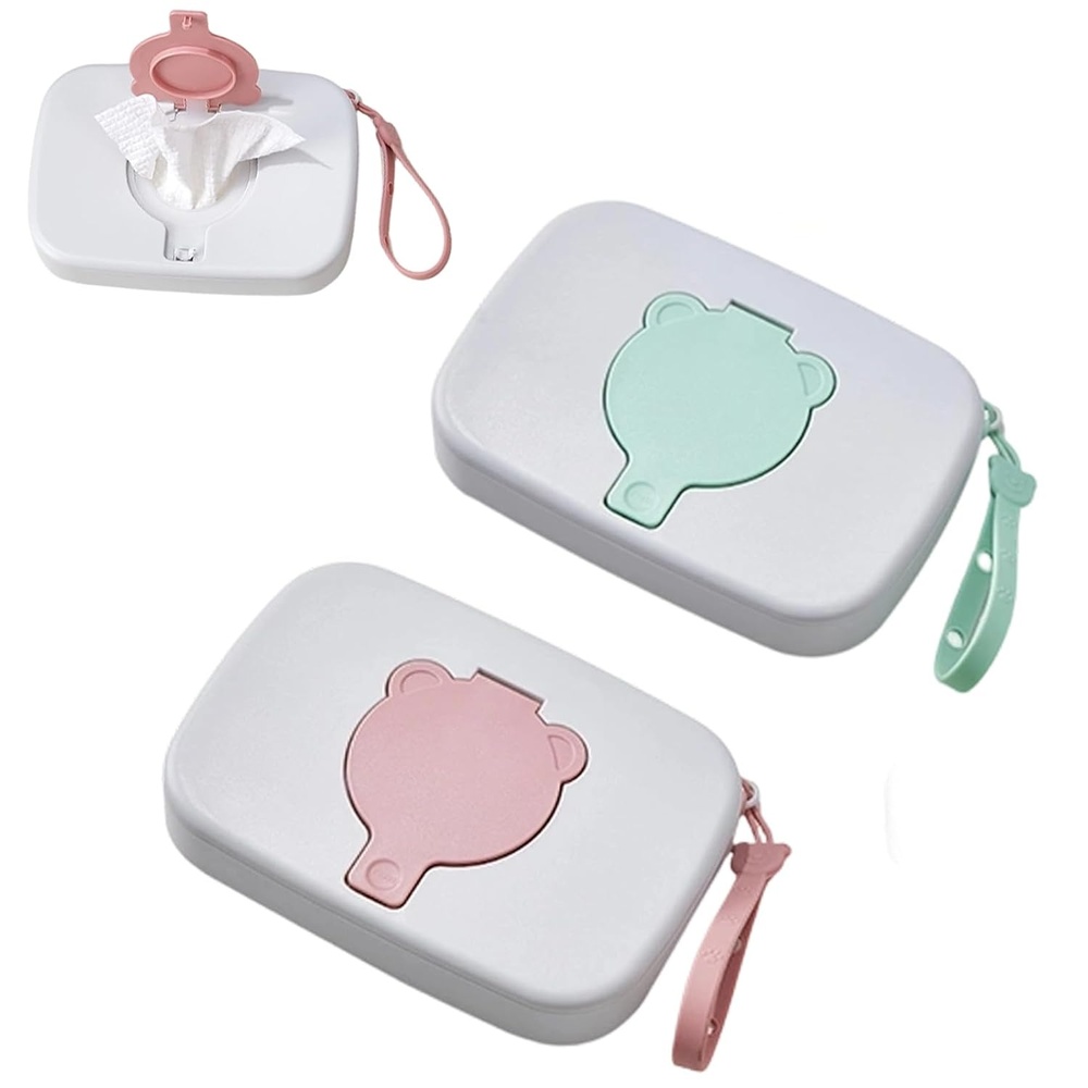 image:imagePandaEar 2 Pack Portable Baby Wipes Dispenser Refillable Wet Wipe Case with Secure Lid and Carrying Strap for Travel Diaper Bag Car and Nursery Bear PinkGreen