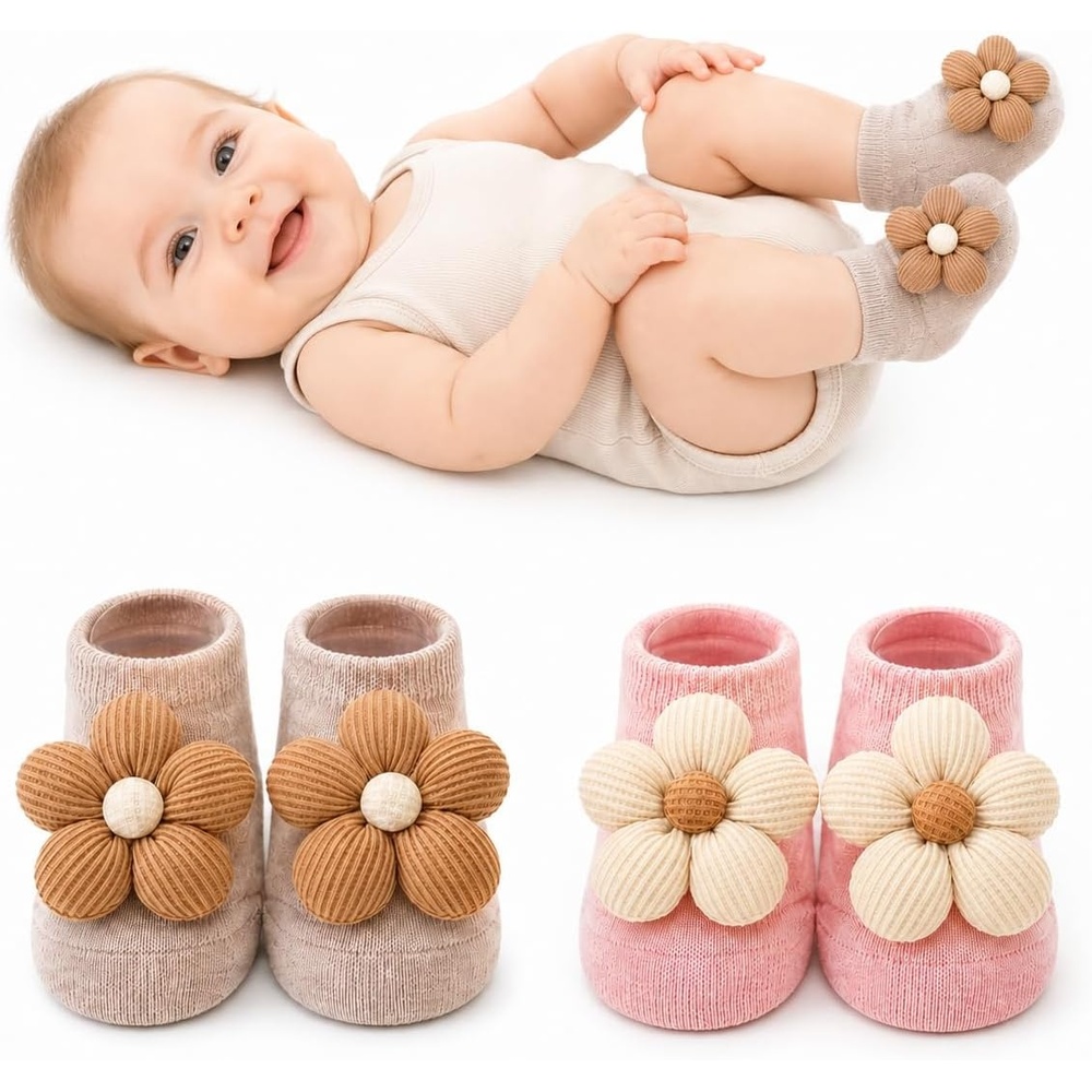 image:imagePandaEar 2 Pairs Baby Girl Flower Grip Socks NonSlip Floor Socks 012M