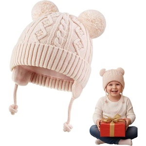PandaEar Baby Winter Knit Hat with Earflaps and Pom Poms, Fleece Lined Beanie for Infant Toddler Girls Boys(Light Pink)