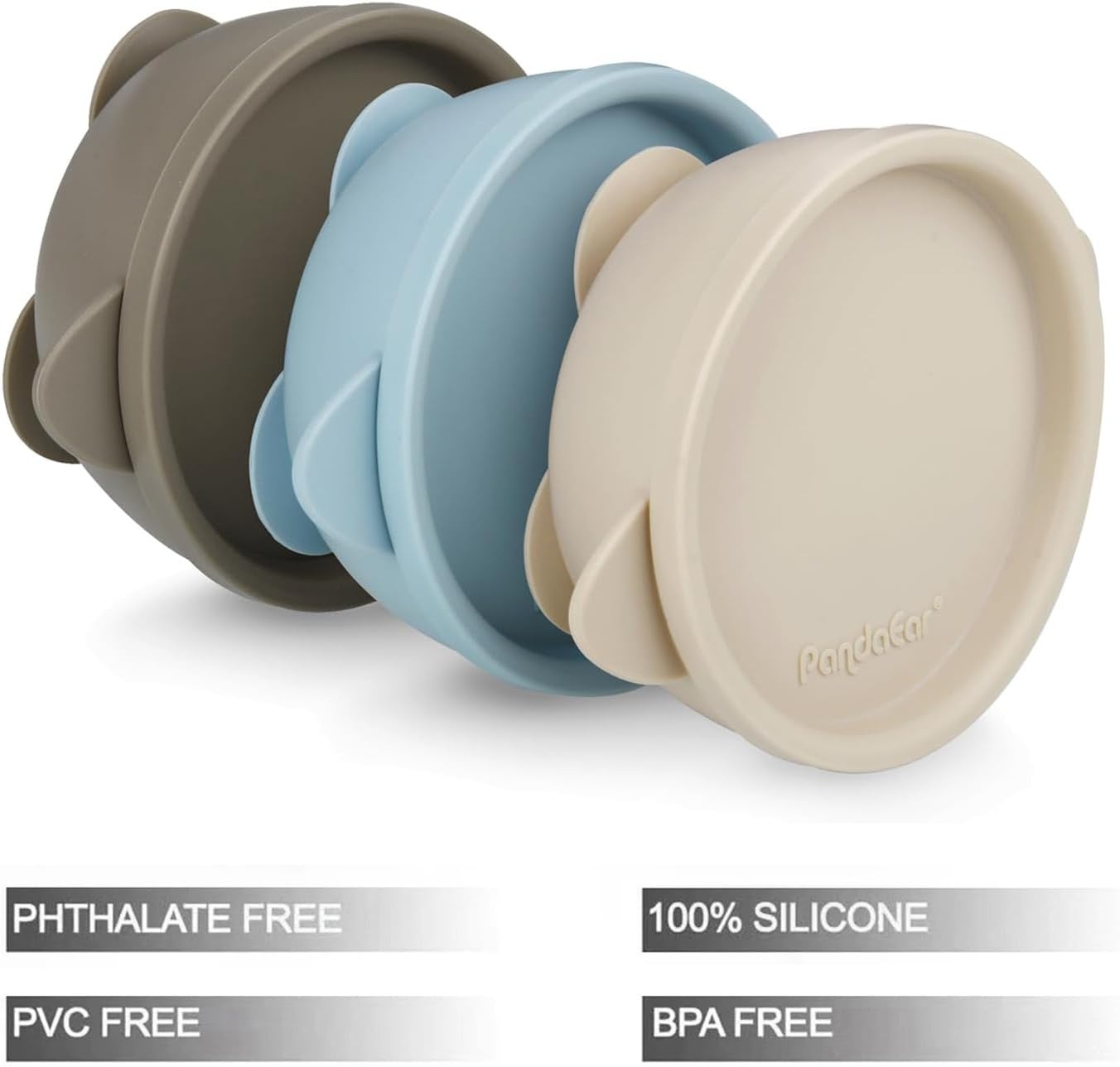 image:imagePandaEar 3 Pack Baby Suction Bowls with Lids LeakProof Stay Put Silicone Food Bowl for Babies Kids Toddlers Infants Food Grade Soft Safe BPAFree Silicone Blue Brown Tan
