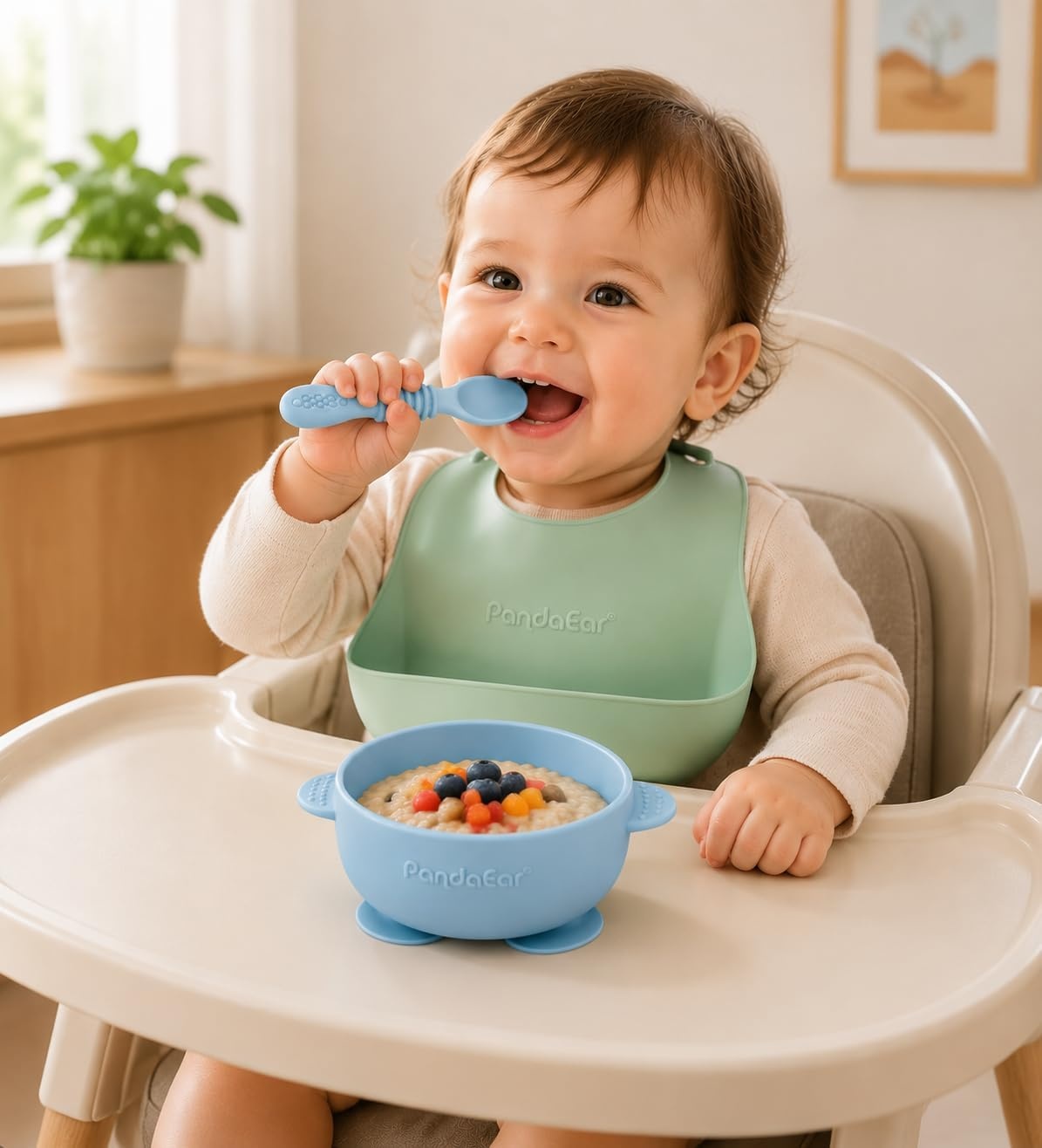 image:imagePandaEar 3 Pack Silicone Suction Baby Bowls amp 3 Baby Feeding SpoonsBlue Green Brown