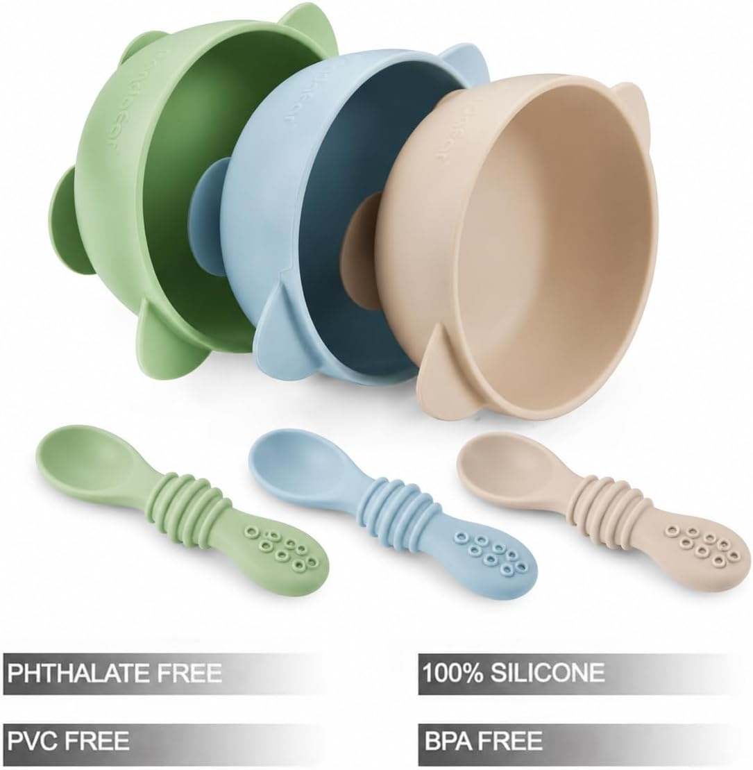 image:imagePandaEar 3 Pack Silicone Suction Baby Bowls amp 3 Baby Feeding SpoonsBlue Green Brown
