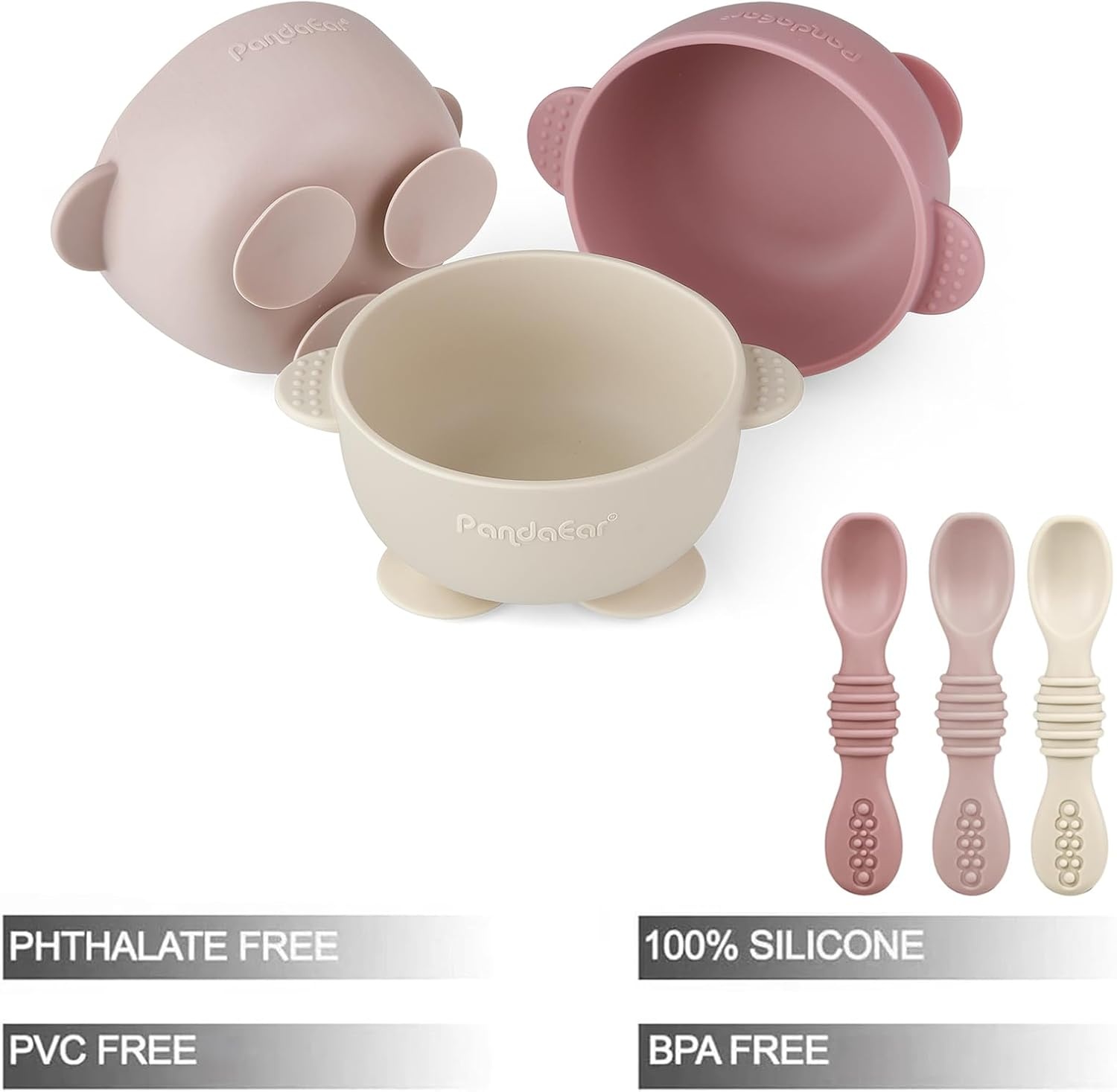 image:imagePandaEar 3 Pack Silicone Suction Baby Bowls amp 3 Baby Feeding SpoonsPink Rose Linen