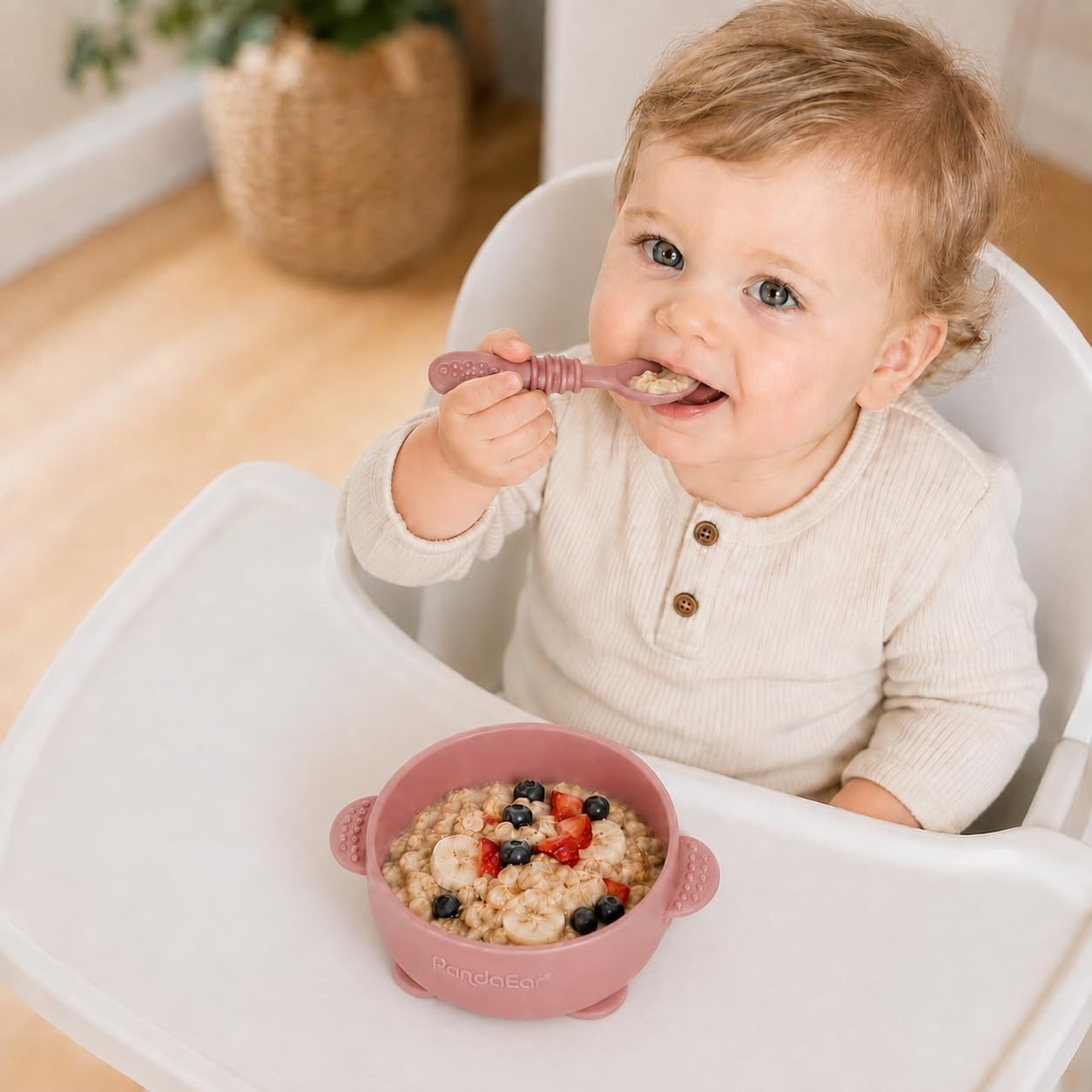 image:imagePandaEar 3 Pack Silicone Suction Baby Bowls amp 3 Baby Feeding SpoonsPink Rose Linen